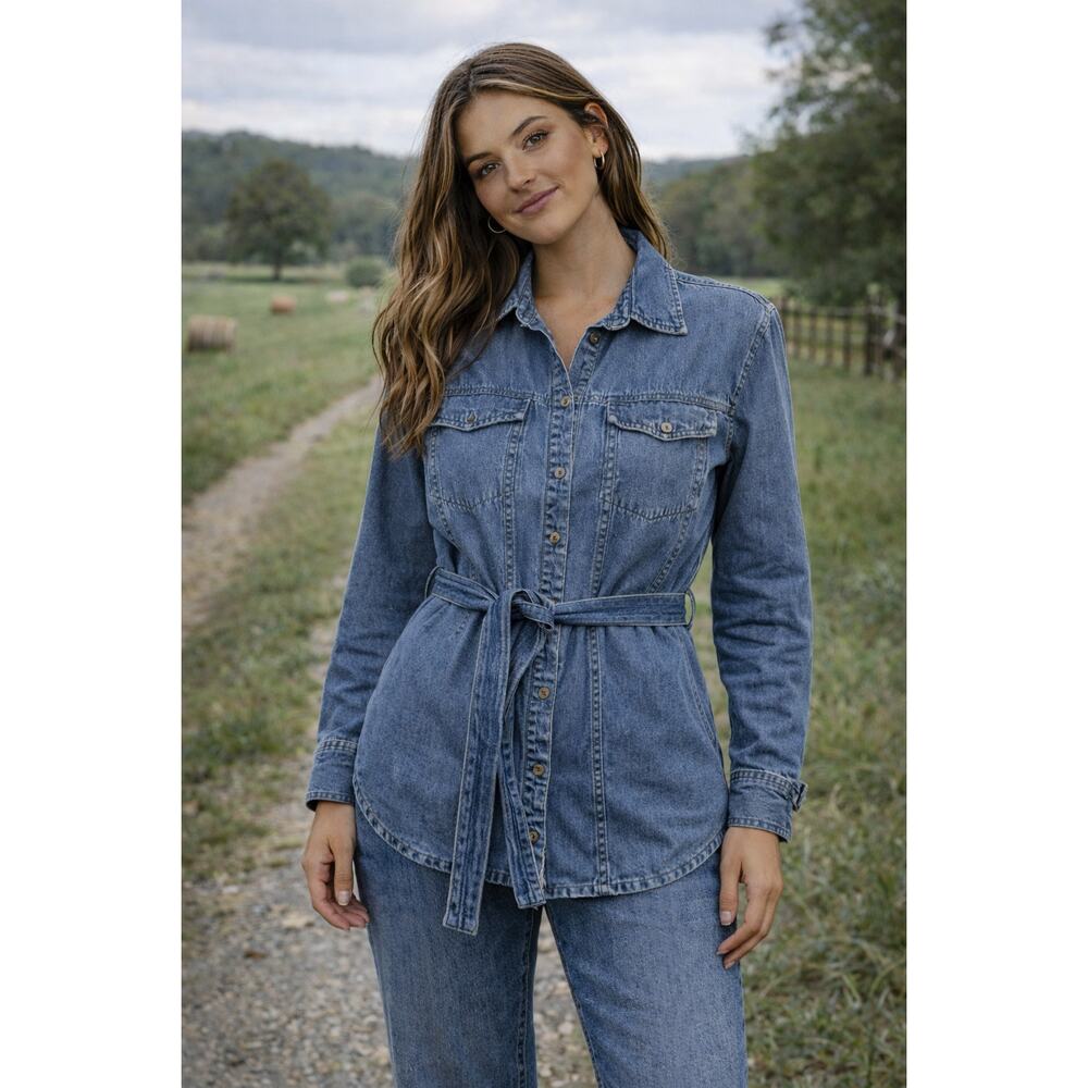 Mango denim overshirt featuring a button-down front and a tie belt Sz 4